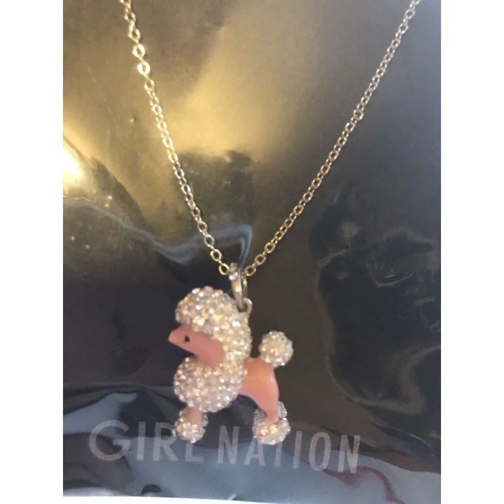 Girl Nation Enamel Child Necklace 14K Gold Plated BLING Shiny Crystal Poodle